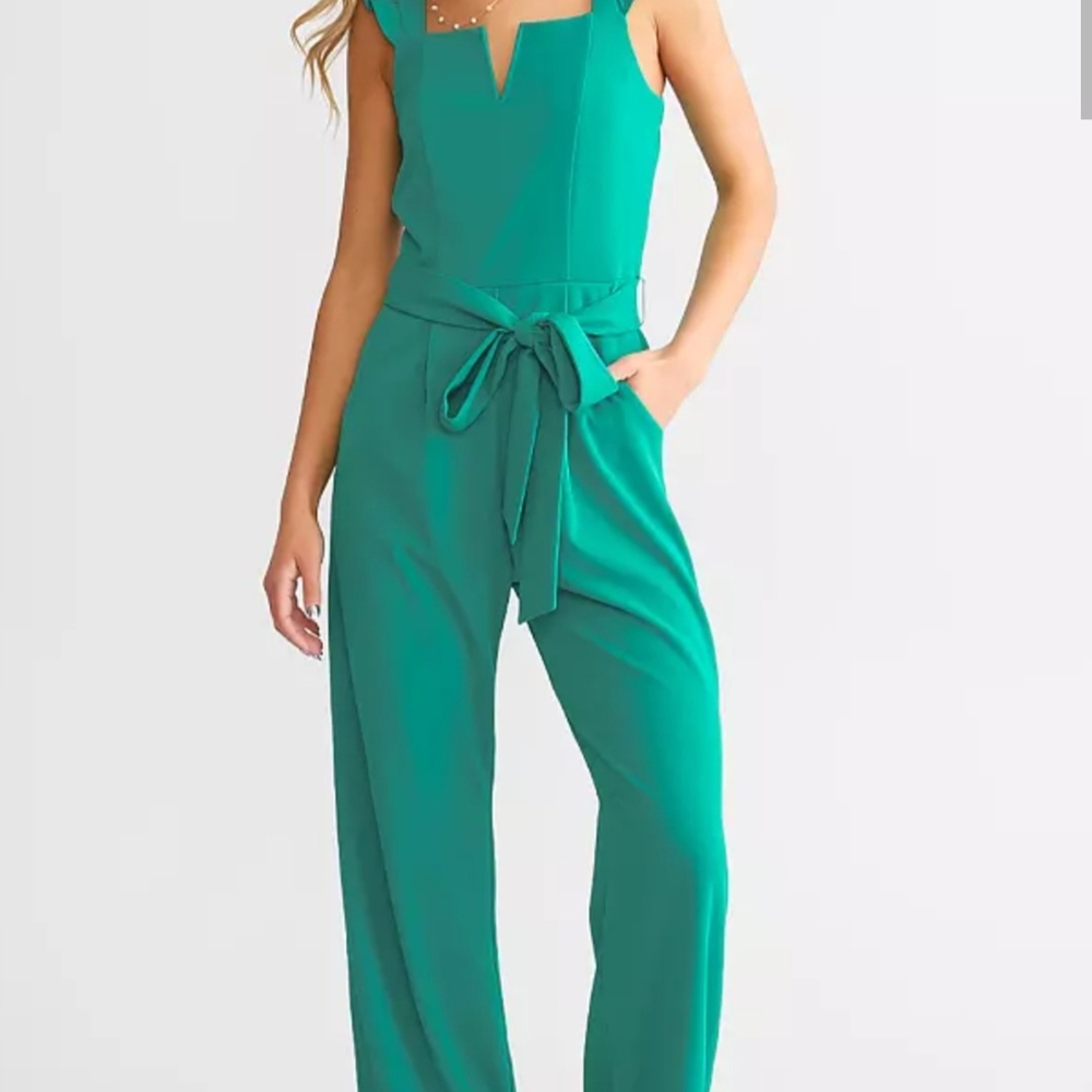 Willow Green Jumpsuit with Plunging V-neck and Wide-leg Design